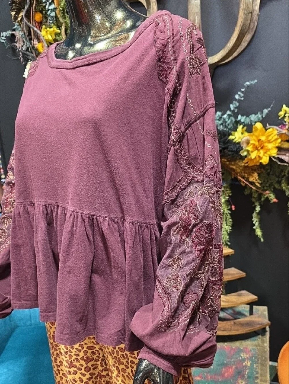 Free People Maroon Embroidered Peplum Long-Sleeve Top